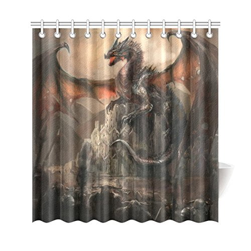 Dragon Fire Castle Waterproof Fabric Shower Curtain Hooks Bathroom with 12 Hooks